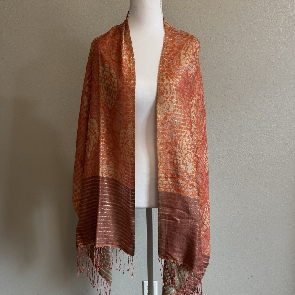 LOFT Metallic Gold Orange‎ Sunset Scarf Boho Chic Fringe Retro 70s Vibes